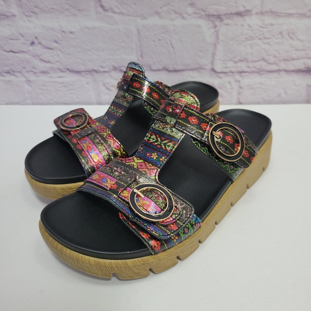 Alegria Playa Platform Sandals Womens 36 Black Multicolor Strappy Shimmer Buckle